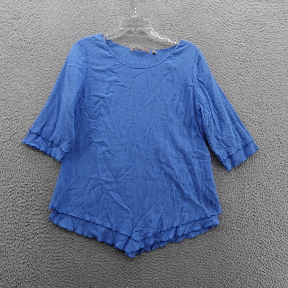 Soft Surroundings Blue Cotton Gauze 3/4 Sleeve Sharkbite Hem Top Womens Small